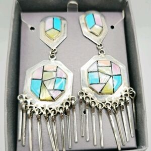 Silver Geometric Dangle Earrings with Multicolor Inlay